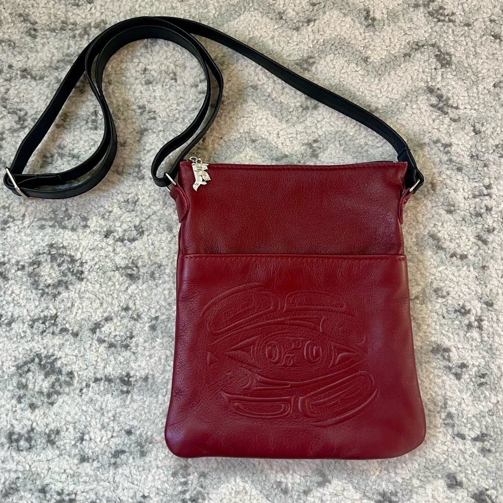 Spirit of the Wild Red Leather Embossed Crossbody Bag Canadian Indigenous Design
